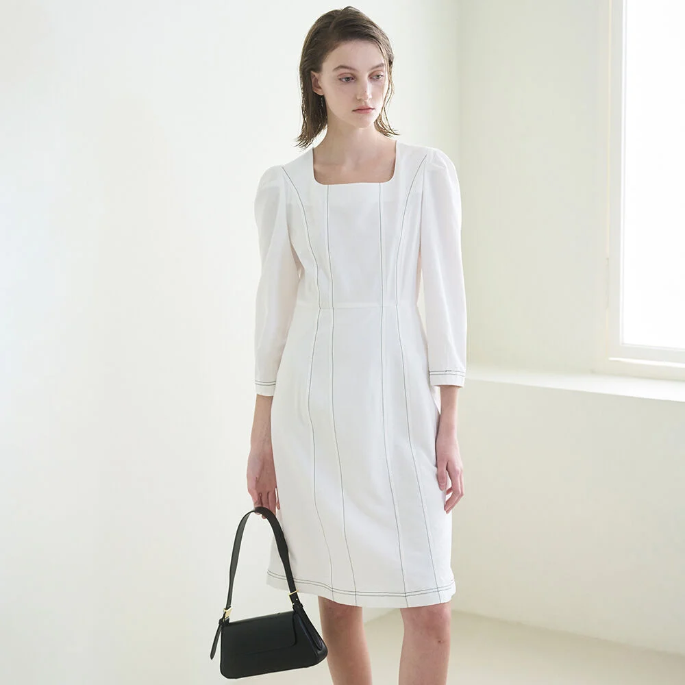 Square Neck Stitch Dress - White