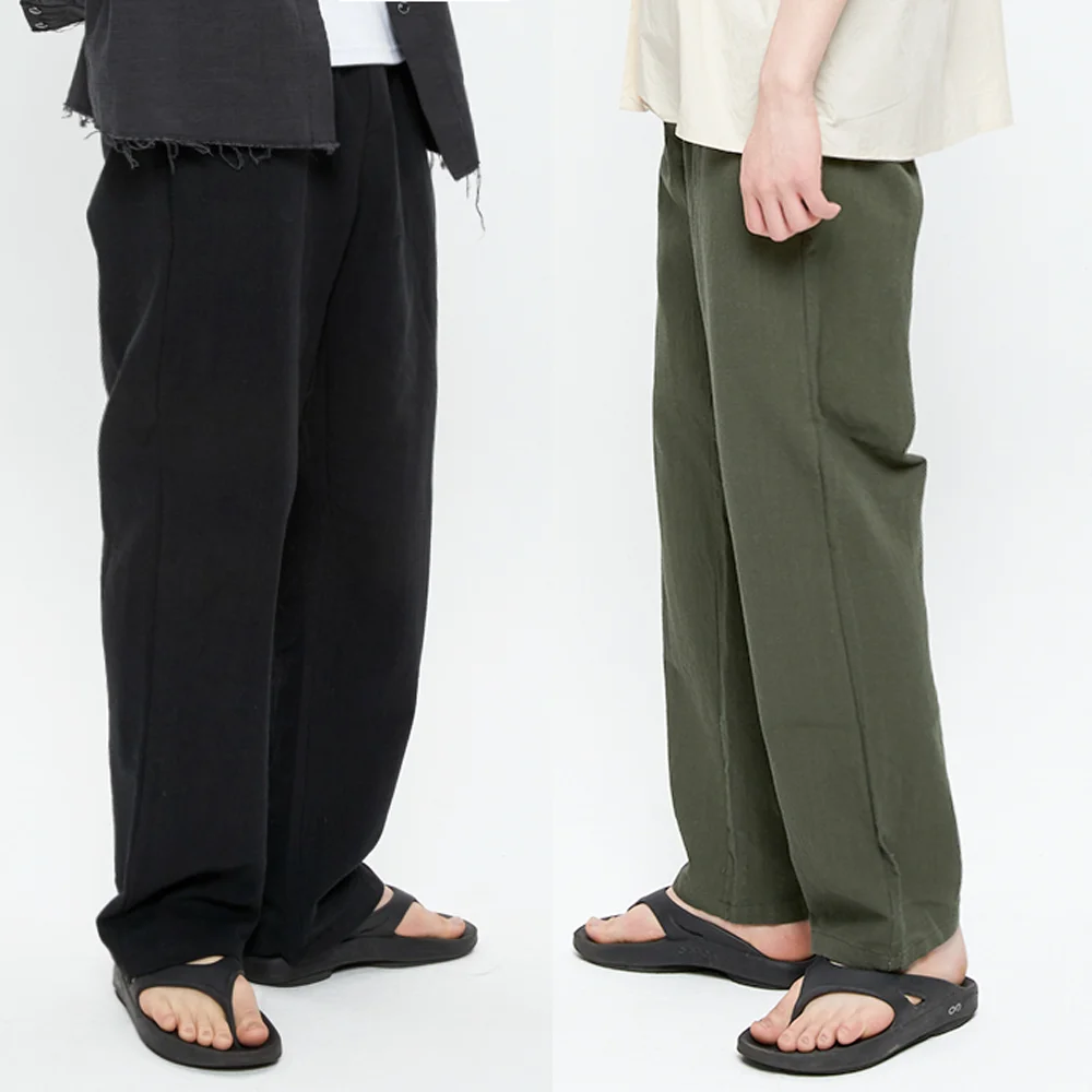 純棉 亞麻 長闊腿褲 鬆緊帶 2color