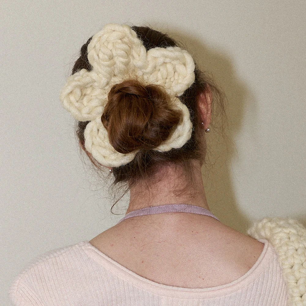 Wool 100% Handmade Crochet Big Flower Hair Scrunchie _ Cream