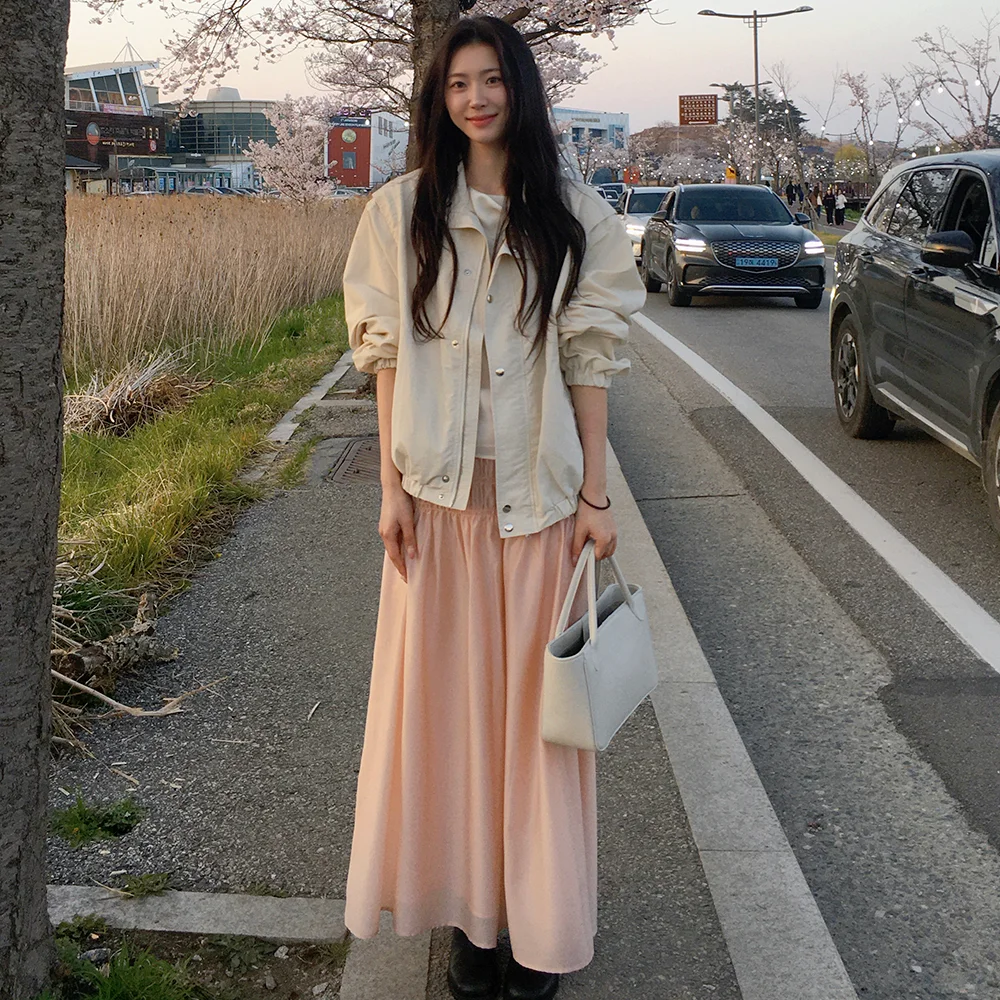 SMOKE FLARE LONG SKIRT_PEACH PINK