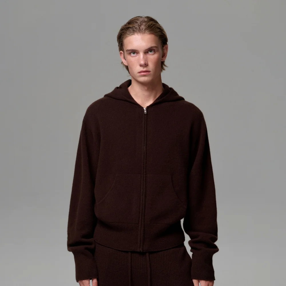 MEN CASHMERE BLEND ZIP KNIT HOODIE - DARK BROWN