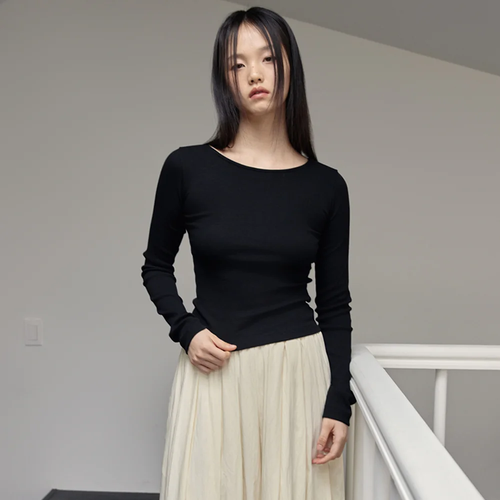 Ribbed Boat-neck Slim T-Shirts (Black)