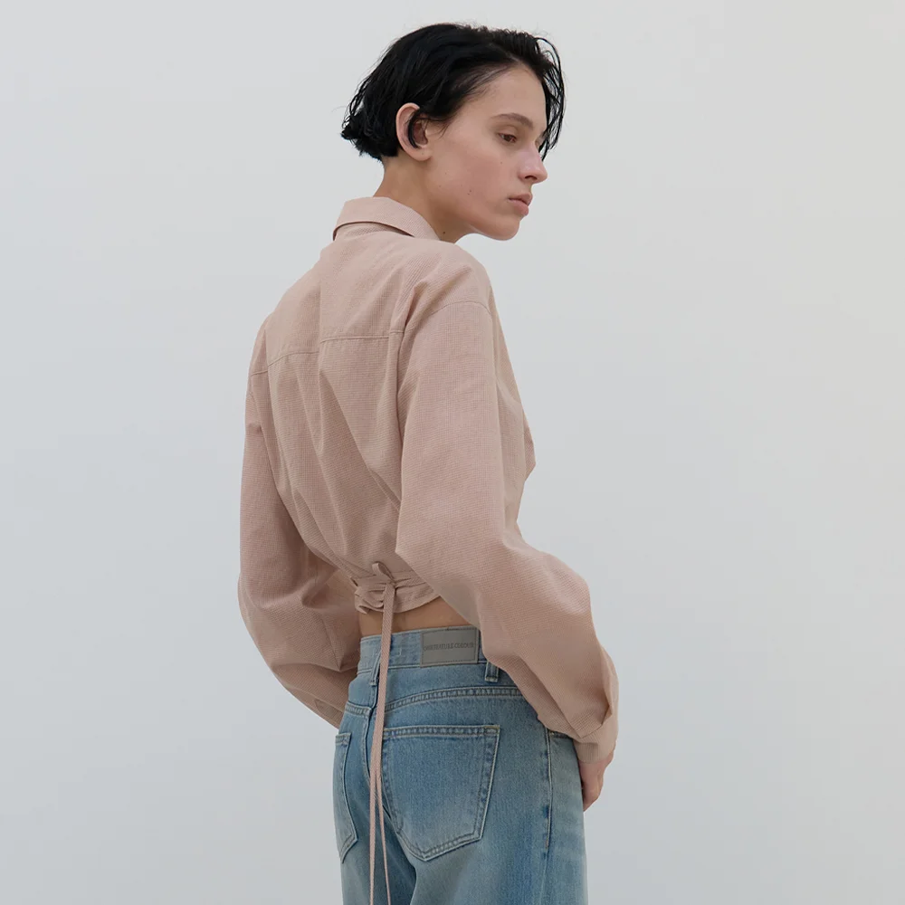 Tie Detailed Wrap Shirt (beige check)