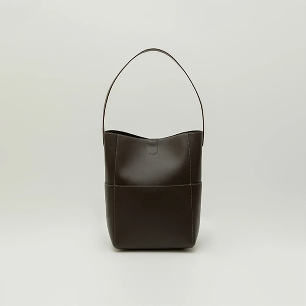 STITCH LEATHER BUCKET BAG_BROWN