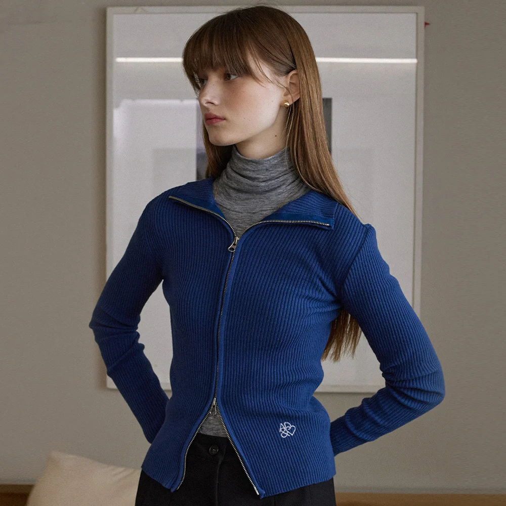 Slim two way zip up wool knit cardigan - blue