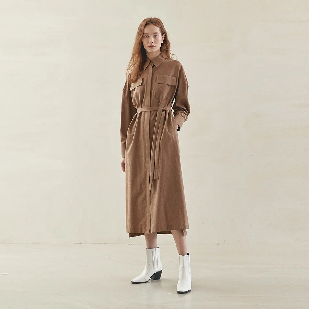 OUT POCKET HIDDEN SHIRT DRESS (earth brown)