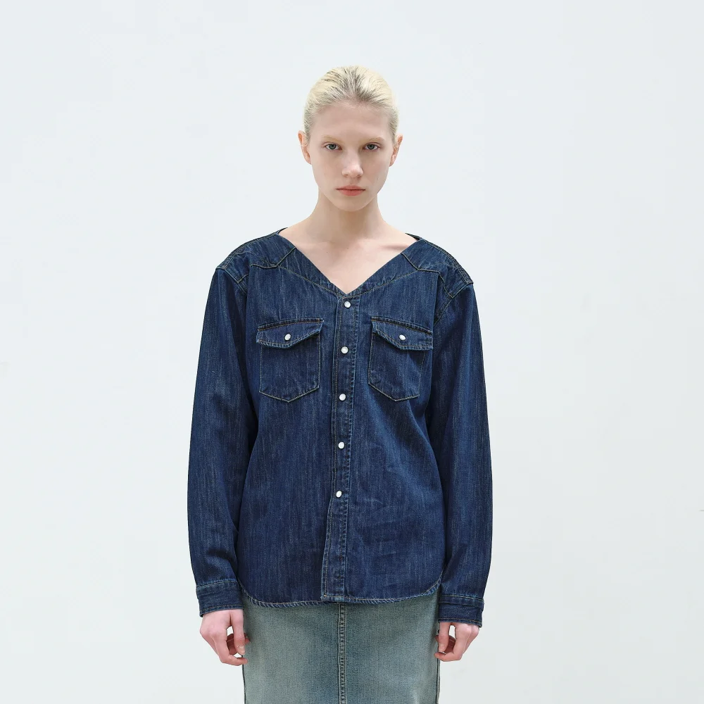 V-NECK OVERSIZED DENIM SHIRTS - DEEP BLUE