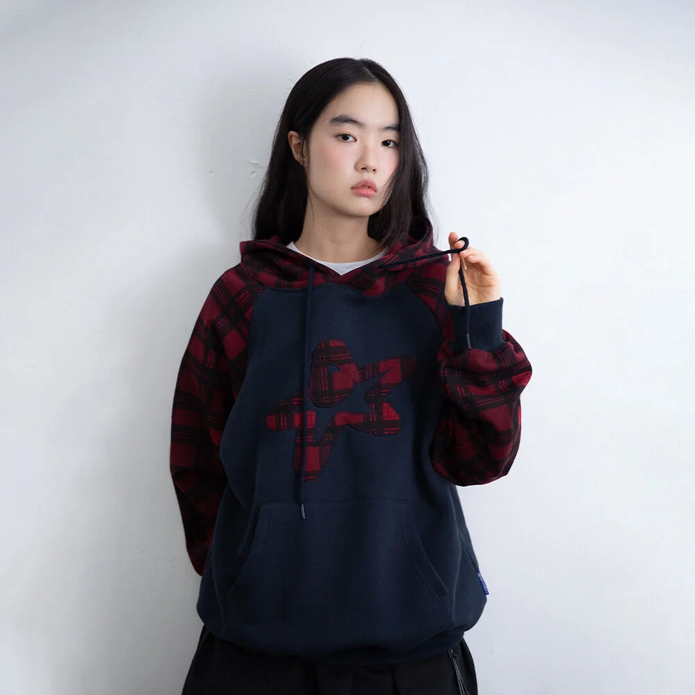 STAR LOGO CHECK RAGLAN HOODIE_NAVY(IK2FFMM408A)