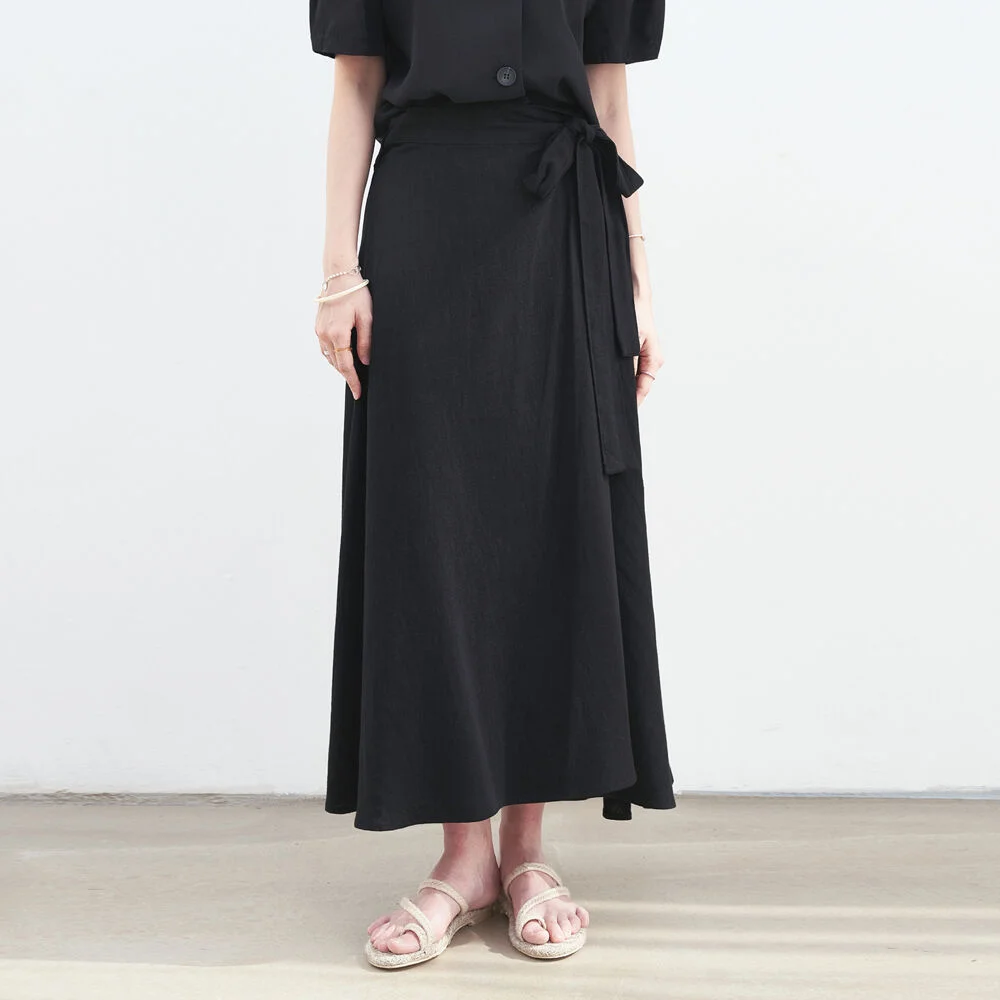 LINEN WRAP LONG SKIRT_BLACK