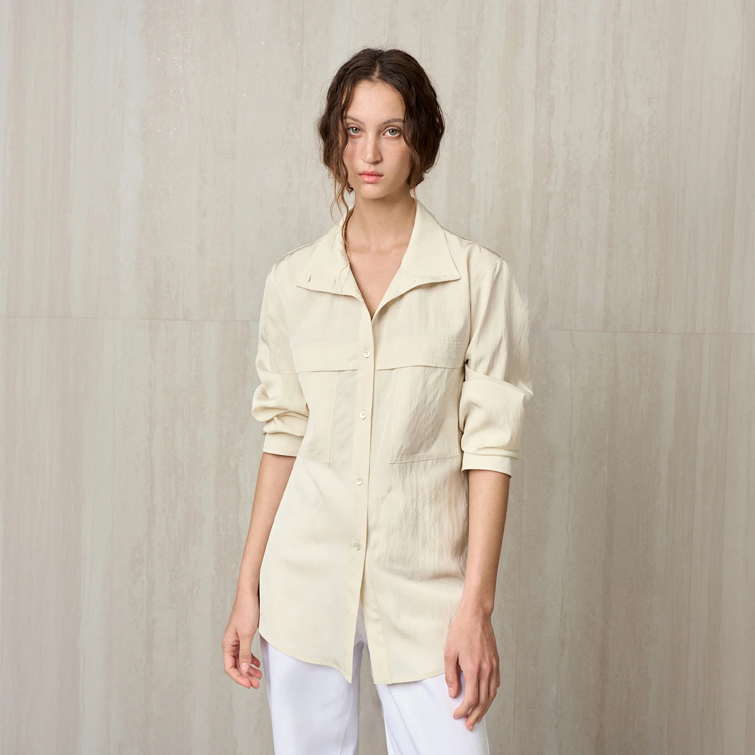 HIGH NECK BELTED SHIRT CREAM