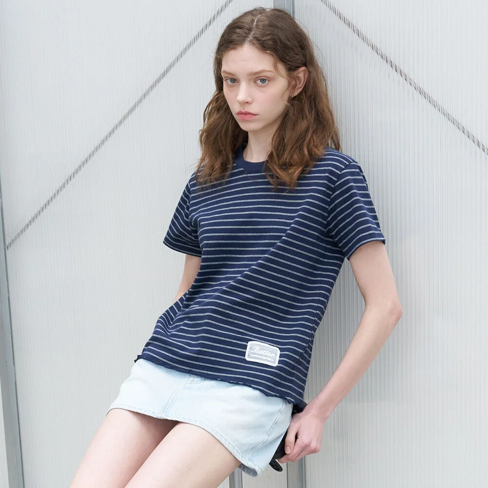 Rib-wave stripe T-shirt _Navy