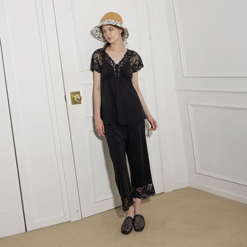 MJ_Lace cuff pajamas and long pants set_4color