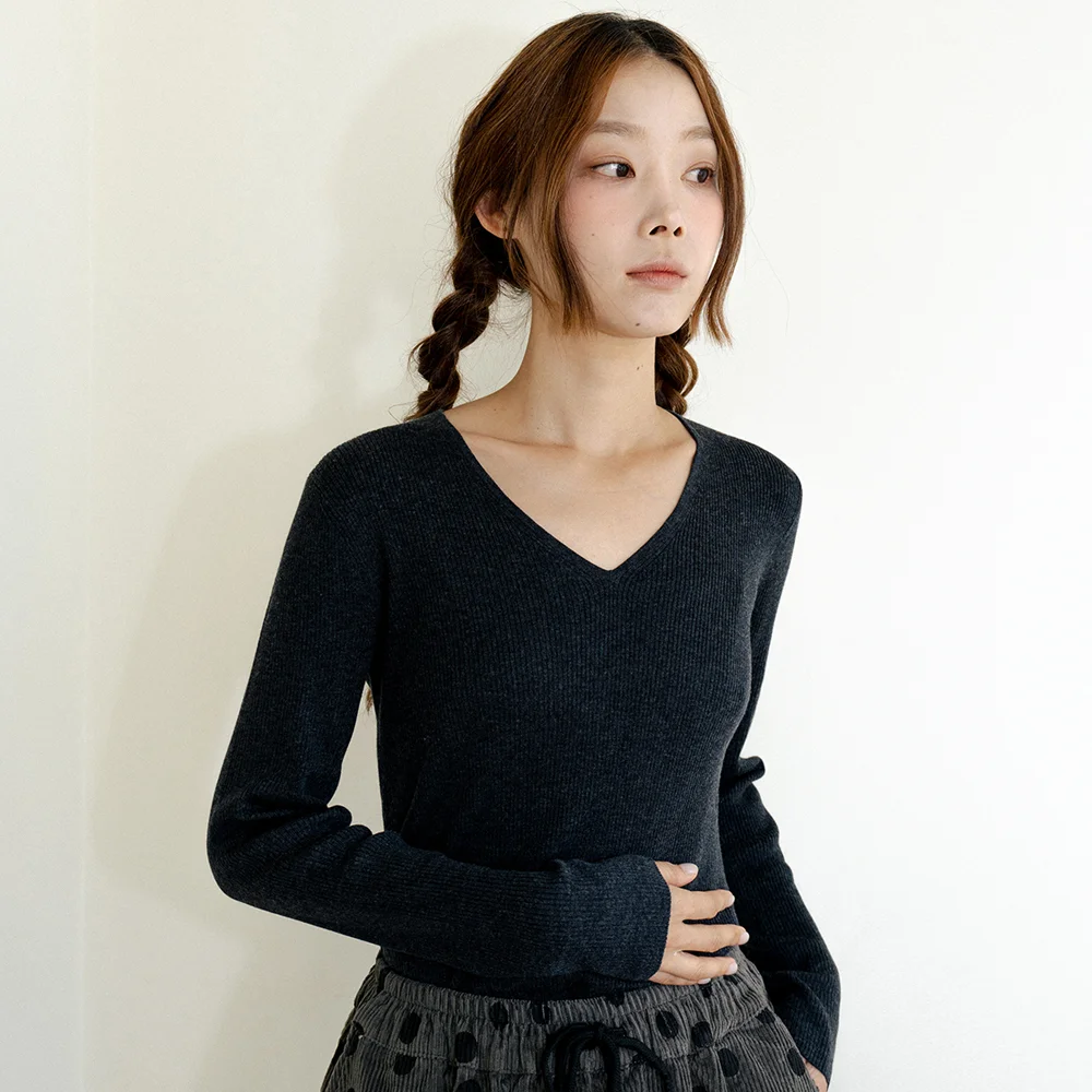 Soft Rib V-Neck Charcoal Knit