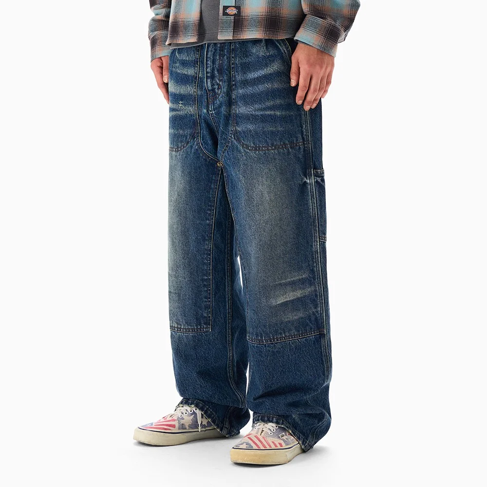 高 拼接 水洗 雙膝 工裝 褲子 Medium Denim