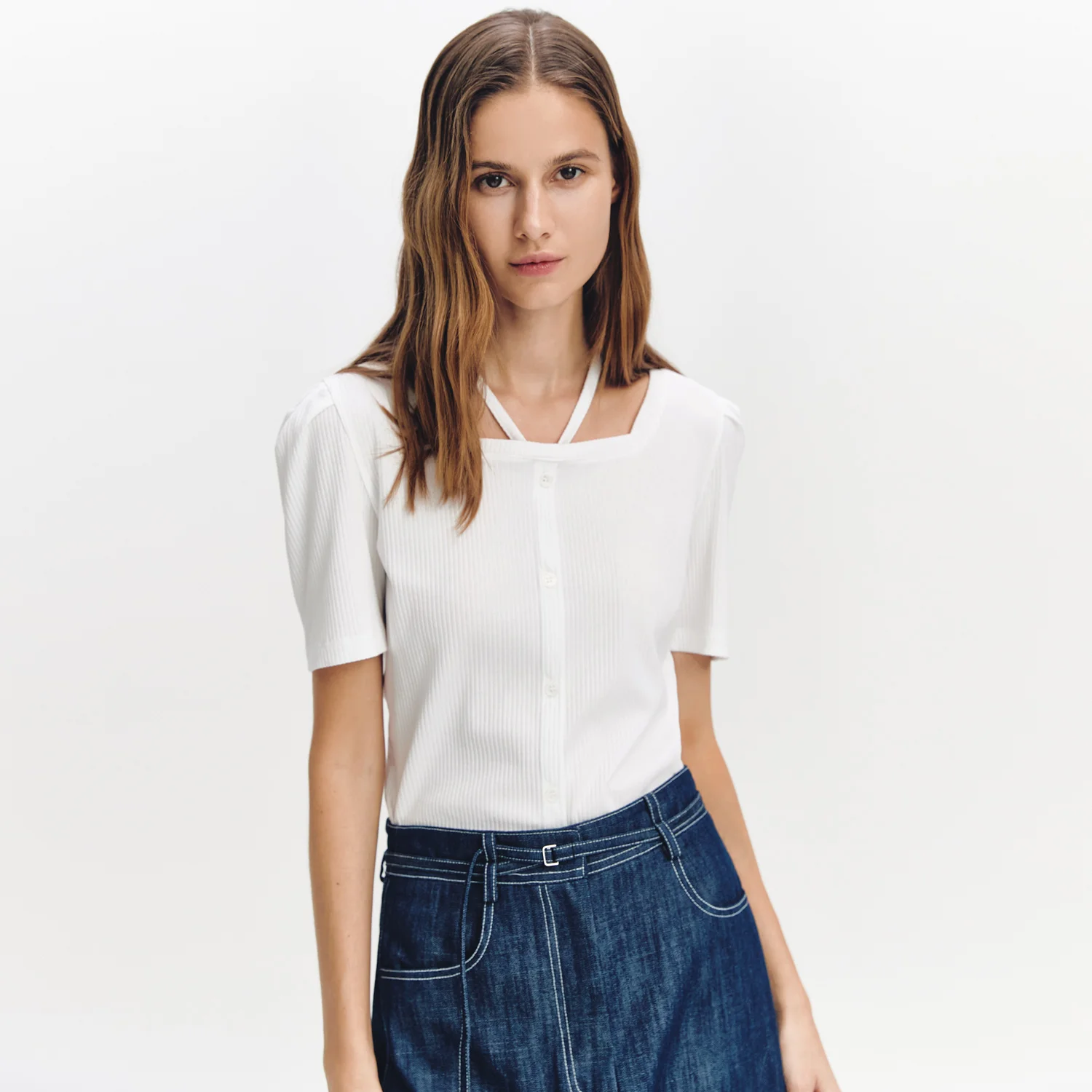 Tie-decorated Square-neck Top OFF WHITE