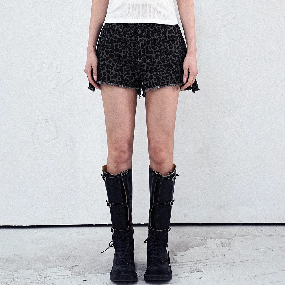 Rough Damage Denim Shorts LEOPARD