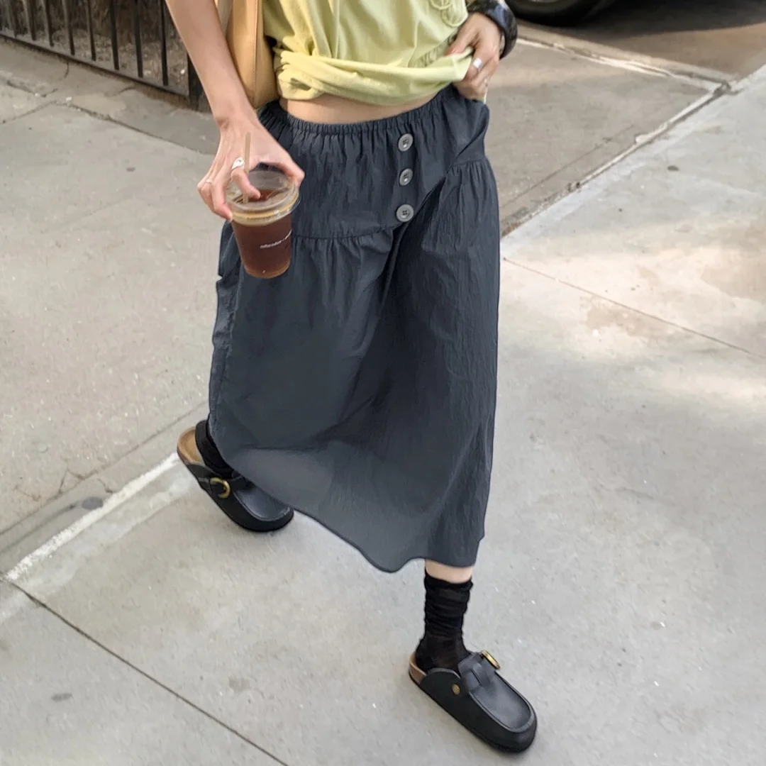 Breeze Big-Button Shirring Skirt (Navy blue)