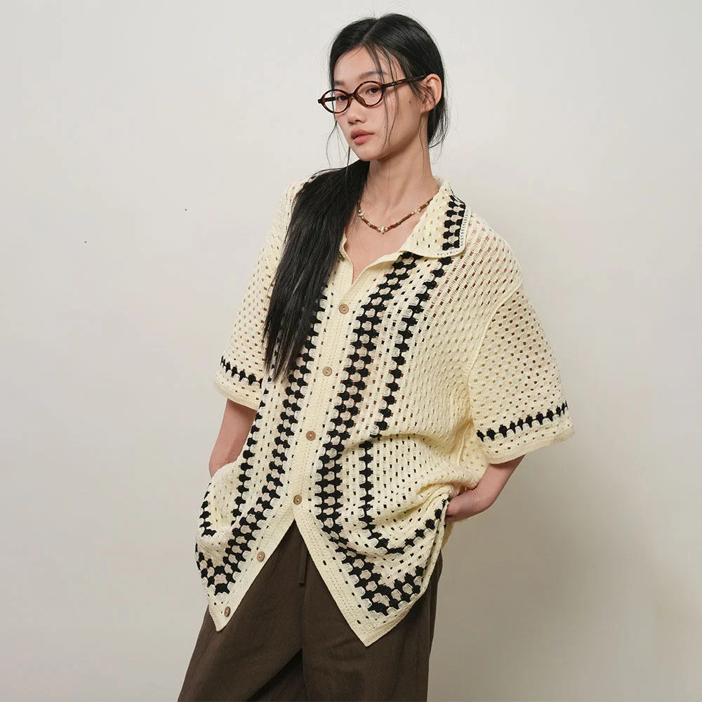 UNISEX 奶奶風 撞色 半 開襟外套 / GF2UKC018
