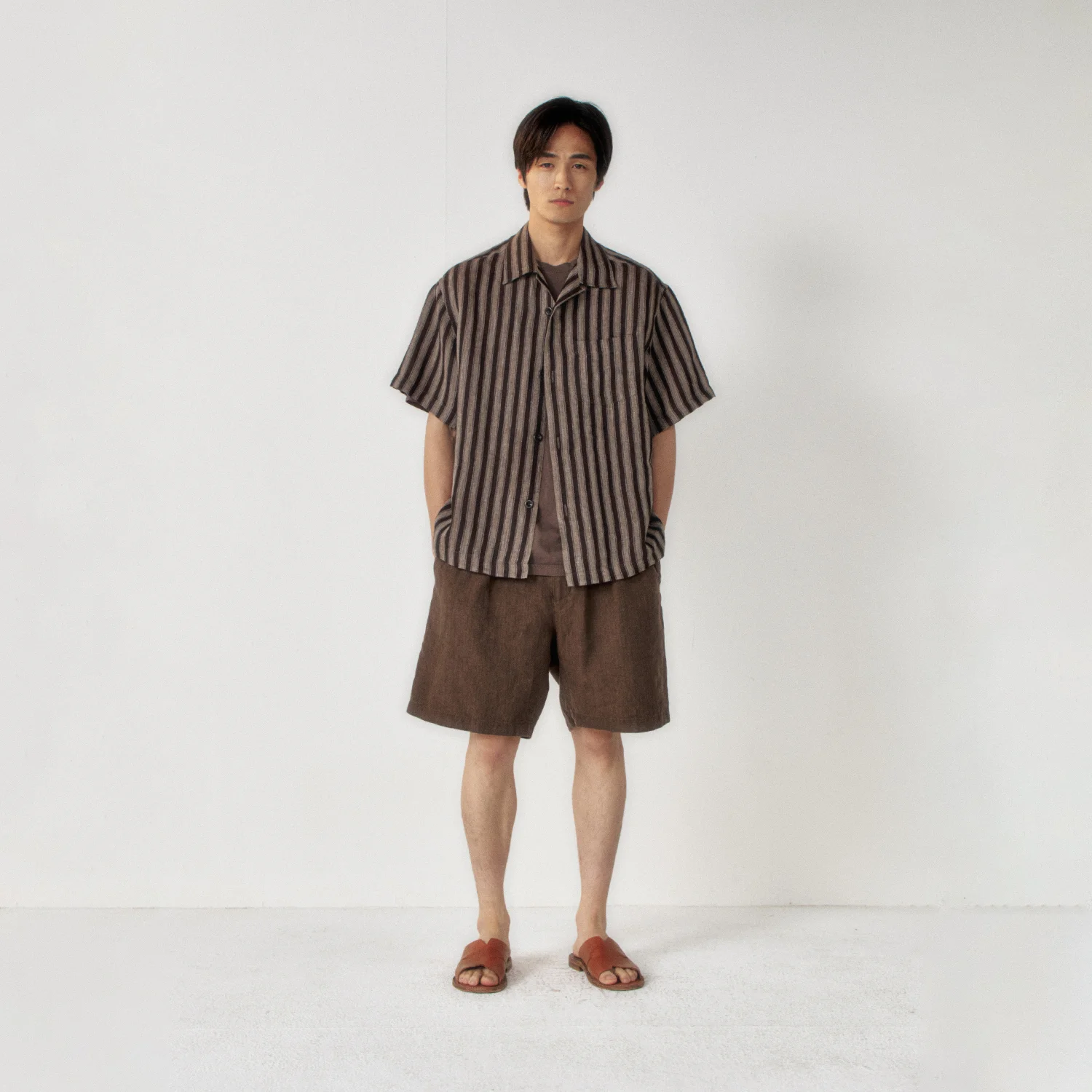 Linen Stripe Camp Half Shirt_Wood