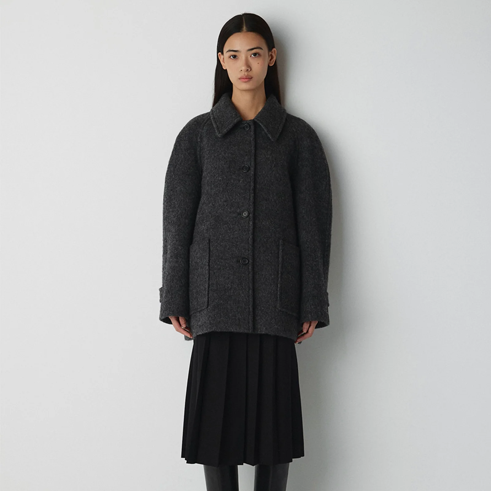 Wool Raglan Half Coat-Charcoal