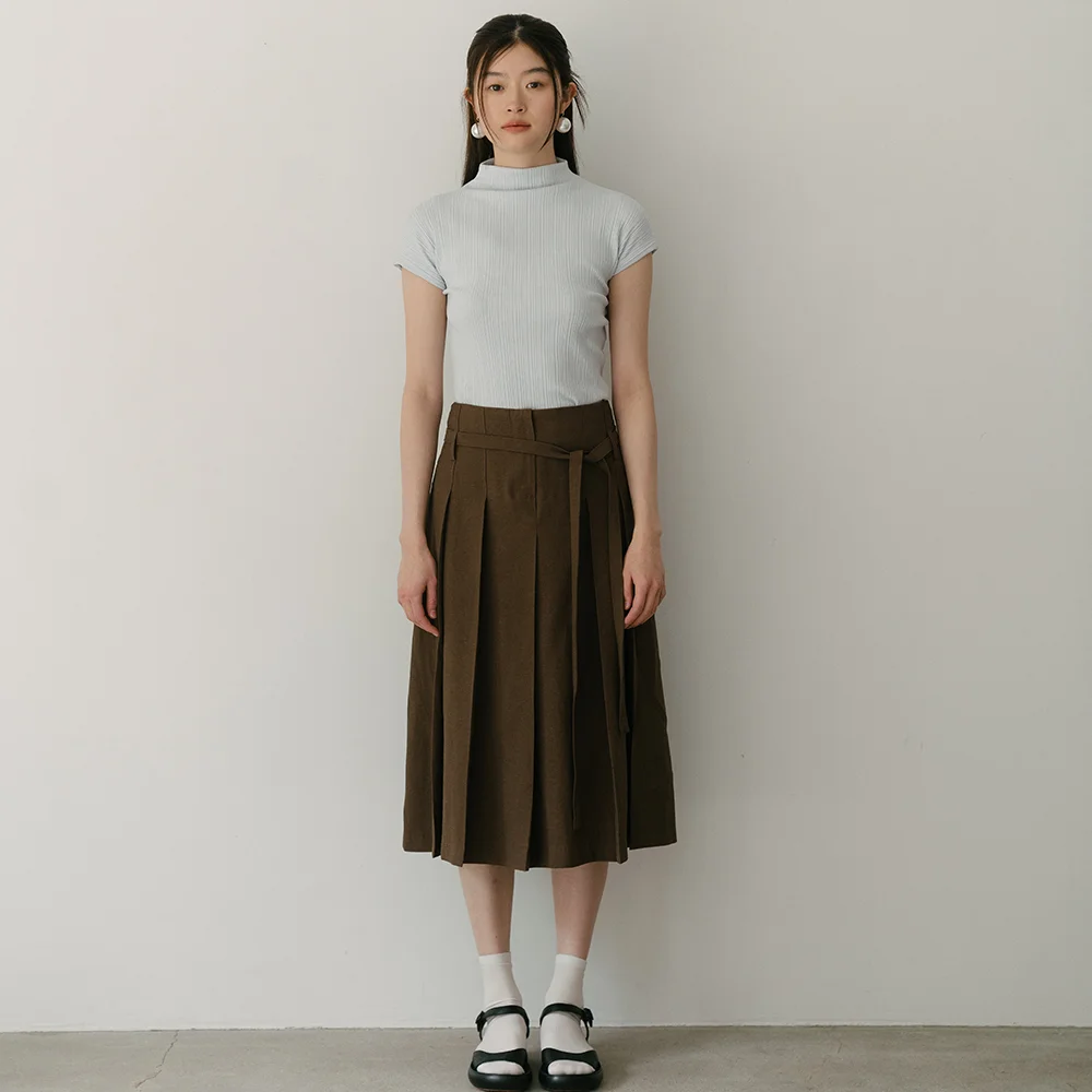 belt set pleats skirt_brown