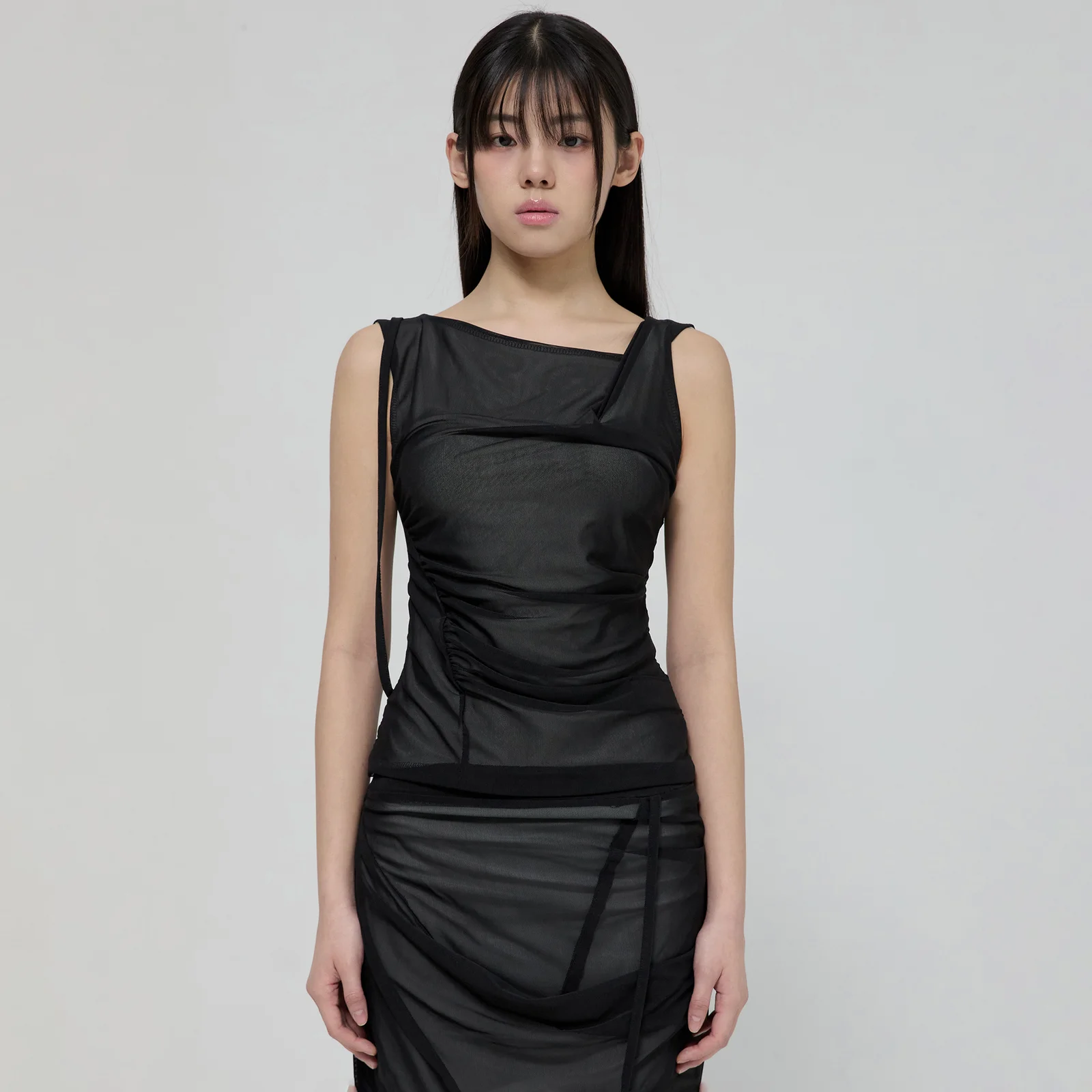 Draped Mesh Layered Sleeveless (FL-116_Black)