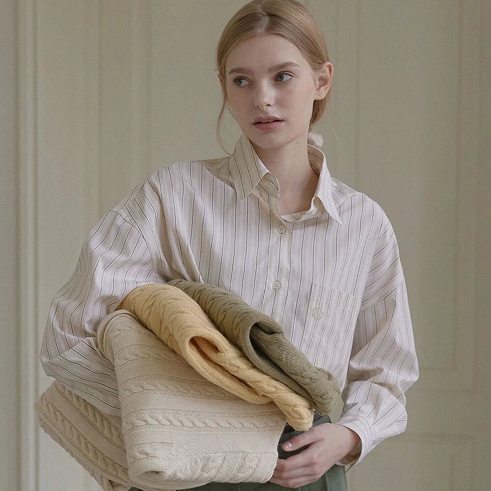 Logo Embroidery Stripe Shirt - Beige