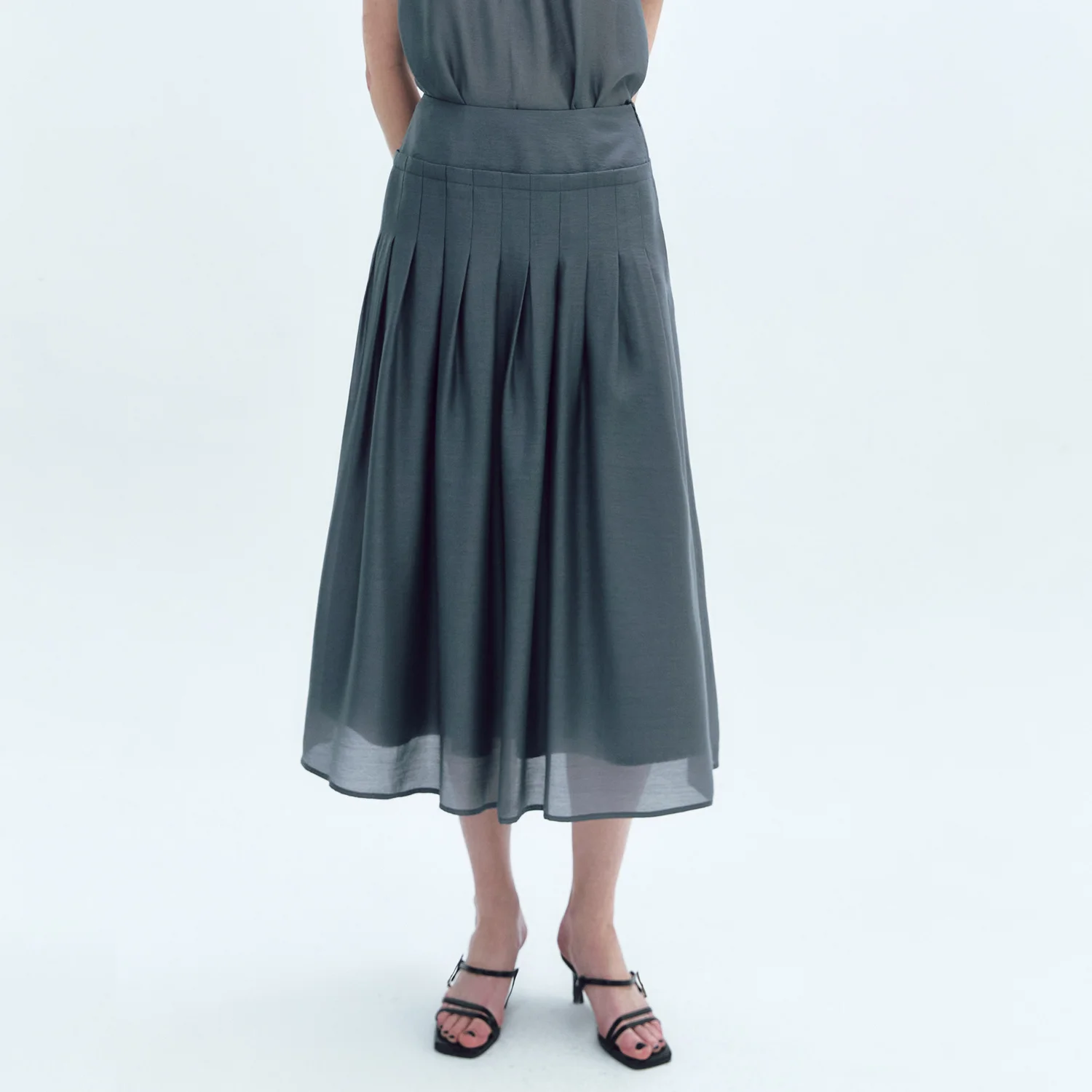 Sheer Pleats Midi Skirt DARK GRAY