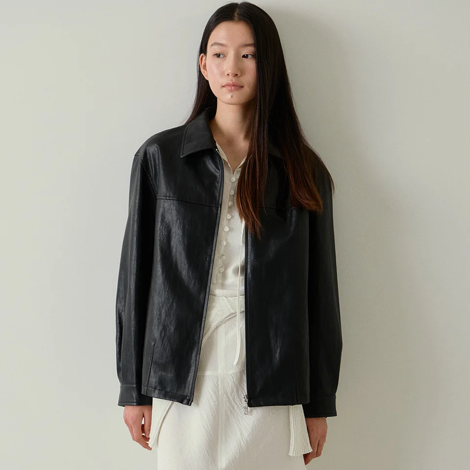 zip-up faux leather jacket (black)