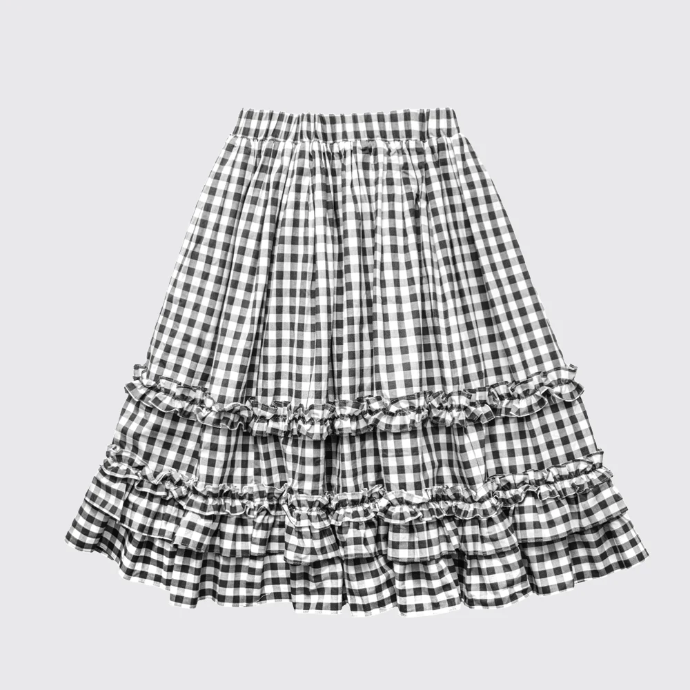 RUFFLE PLEATED MIDI CHECK SKIRT - BLACK CHECK