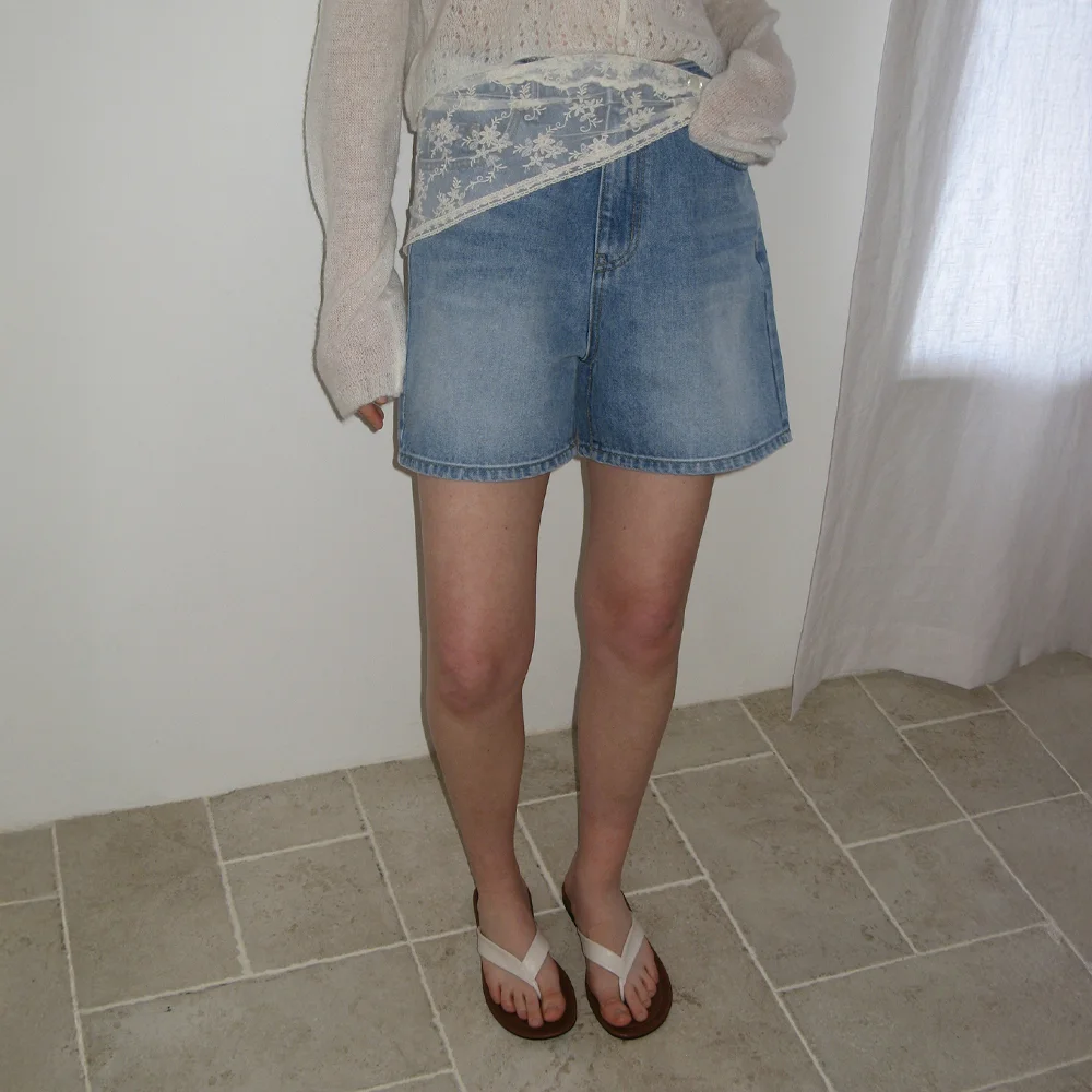 Washing Half Denim Pants - Middle Blue