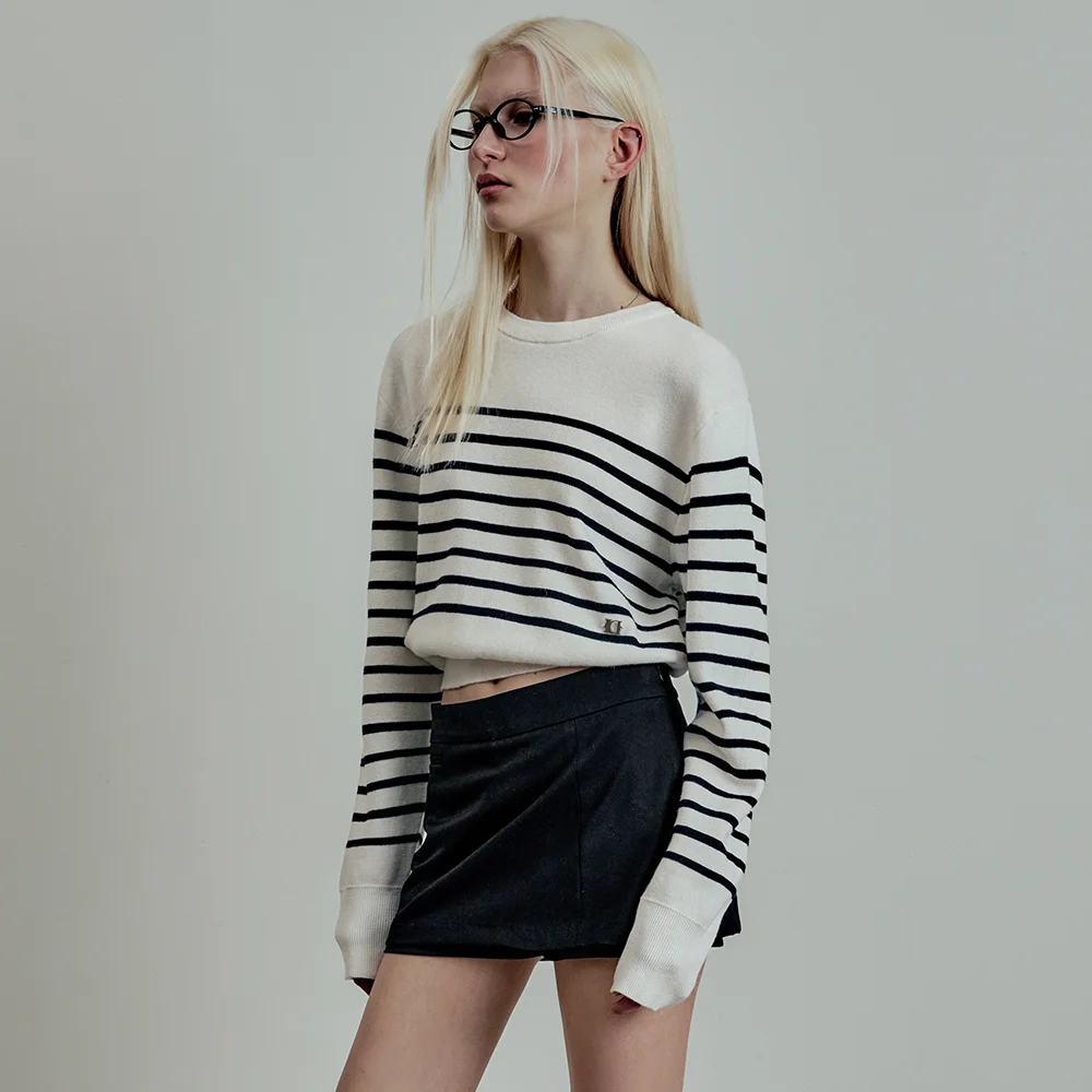MARINE Wool Cotton Stripe Pullover Knit Off White