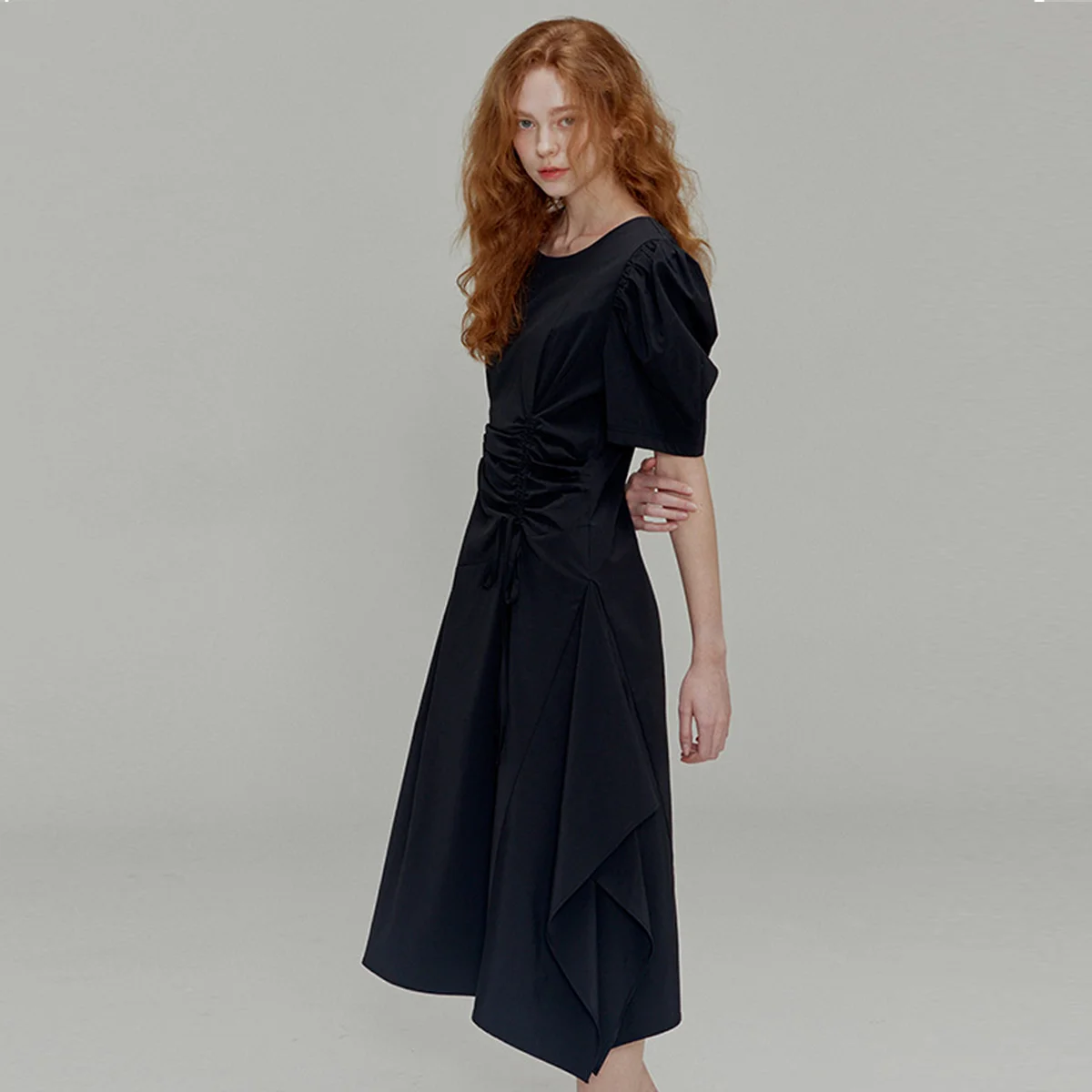 Ribbon pin tuck shirring dress_Black