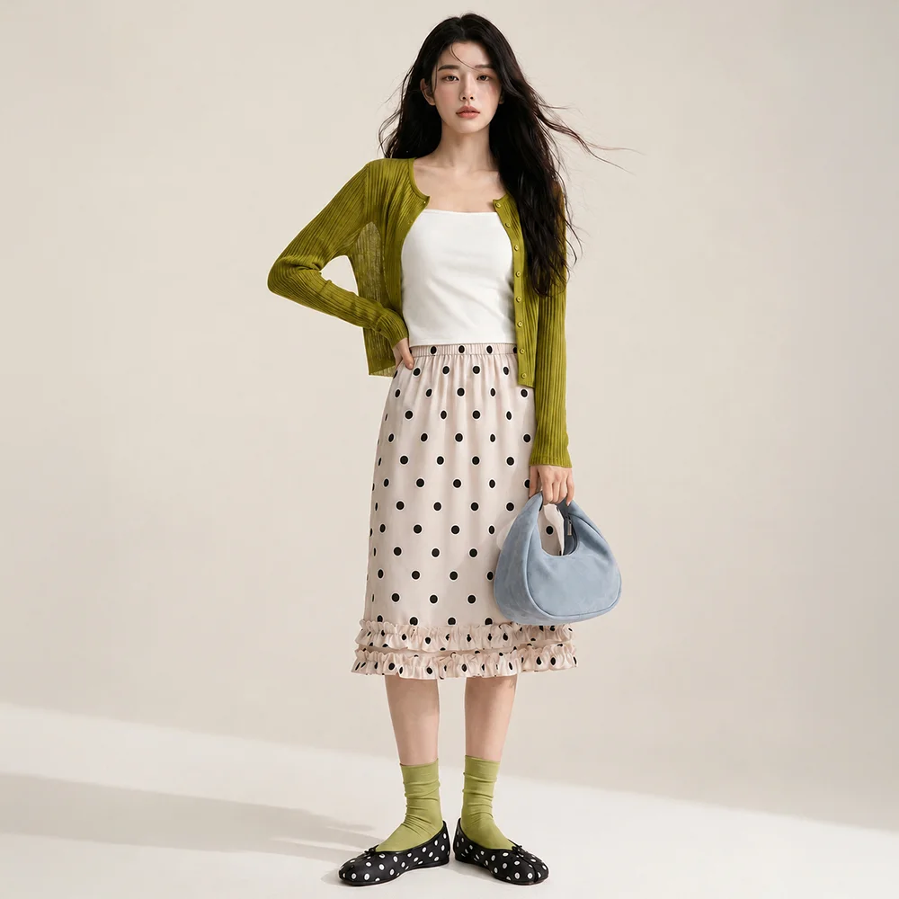 Polka Dot Satin Ruffle Elastic Waist Skirt Ivory