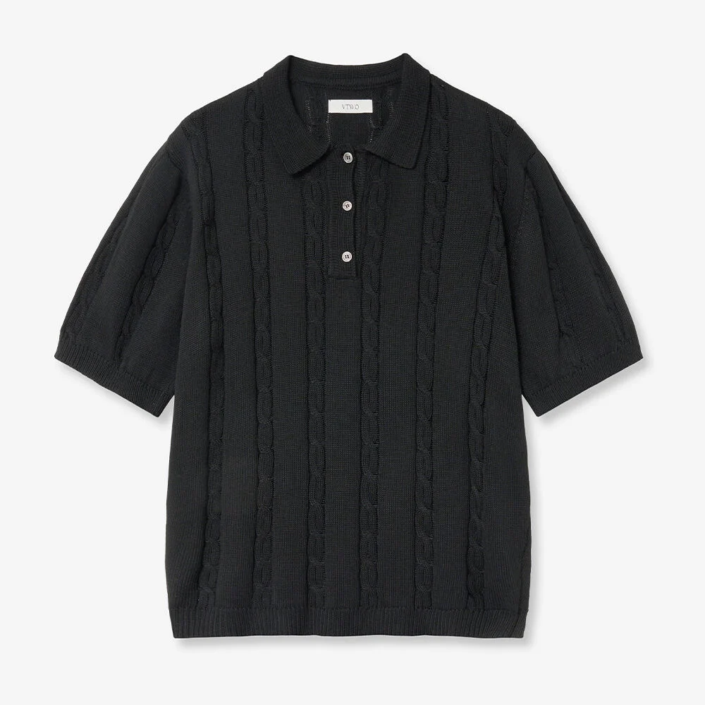 涼感 可水洗 絞花 Polo 針織衫 (BLACK)
