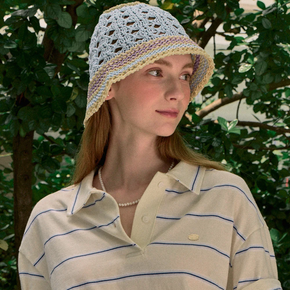 Color Block Knit Bucket Hat - Blue