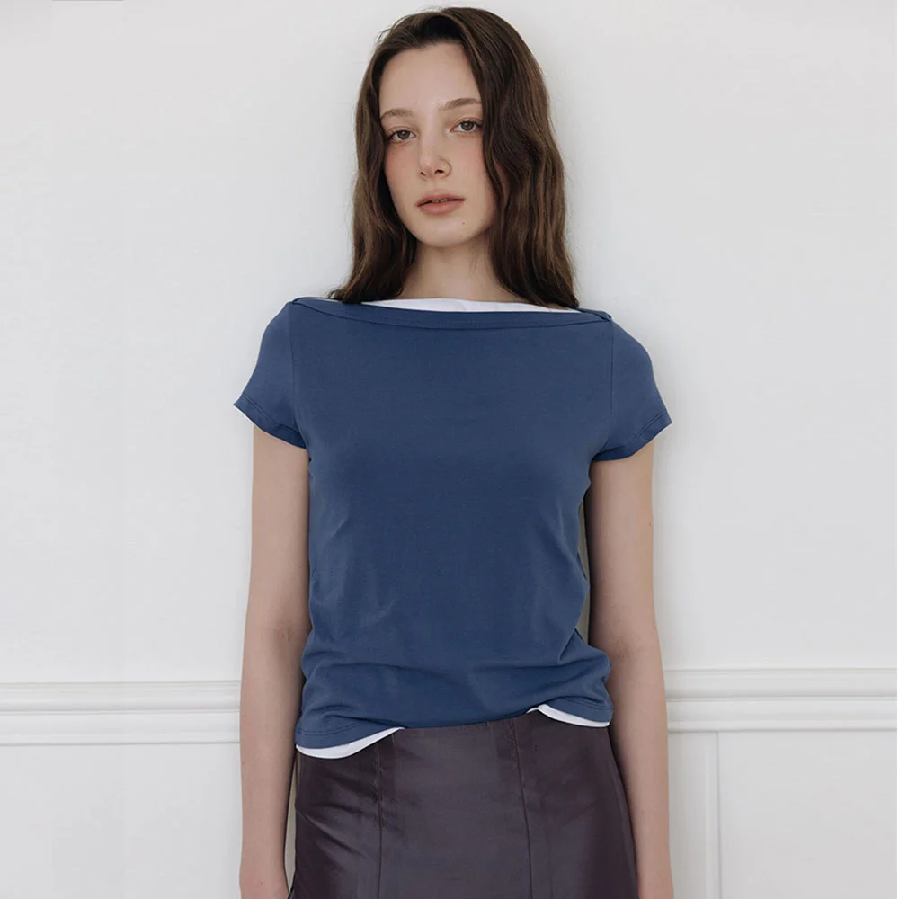 Boat-Neck Shoulder T-shirt(Blue)