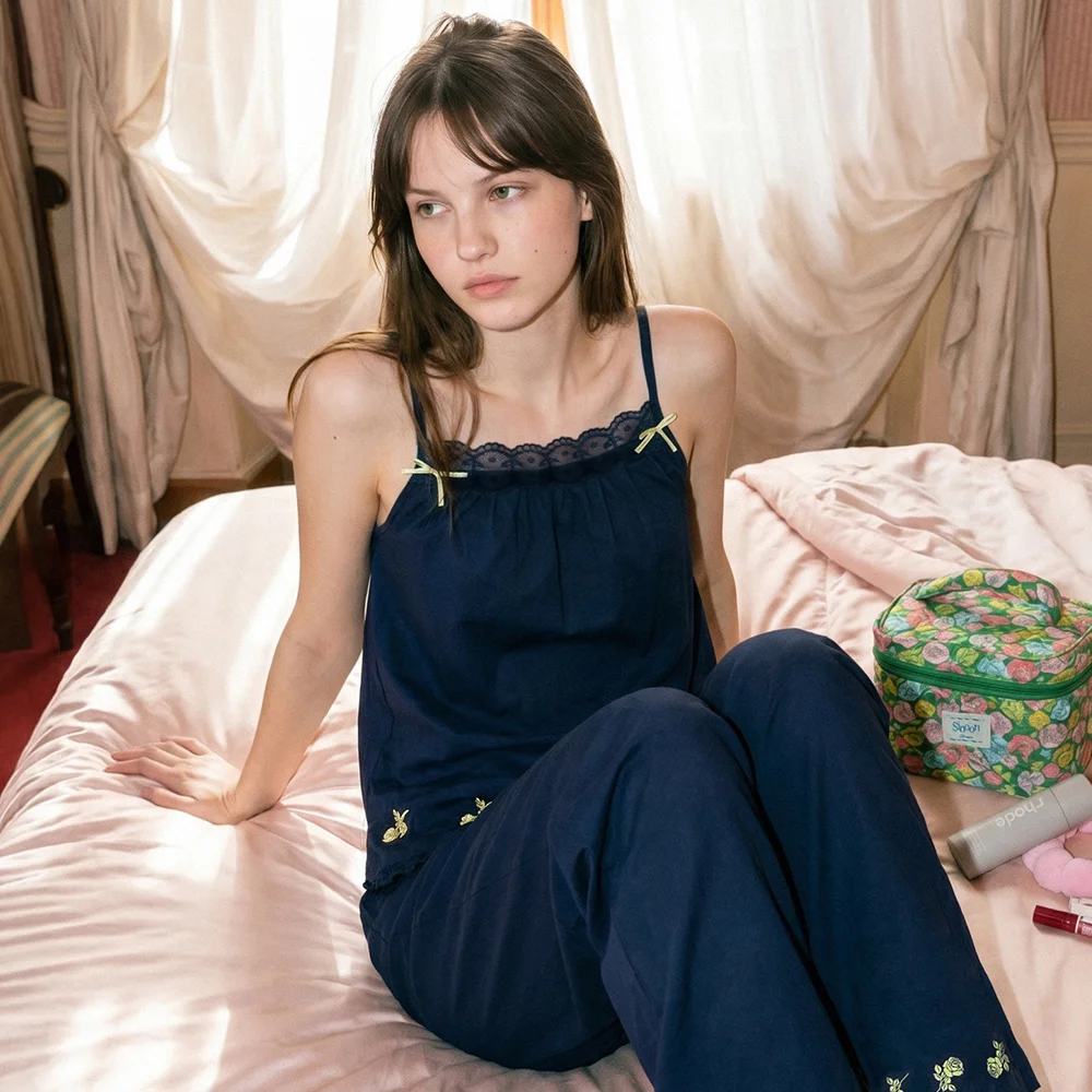 Rose Embroidered Sleeveless Pajama Top (Dark Navy)