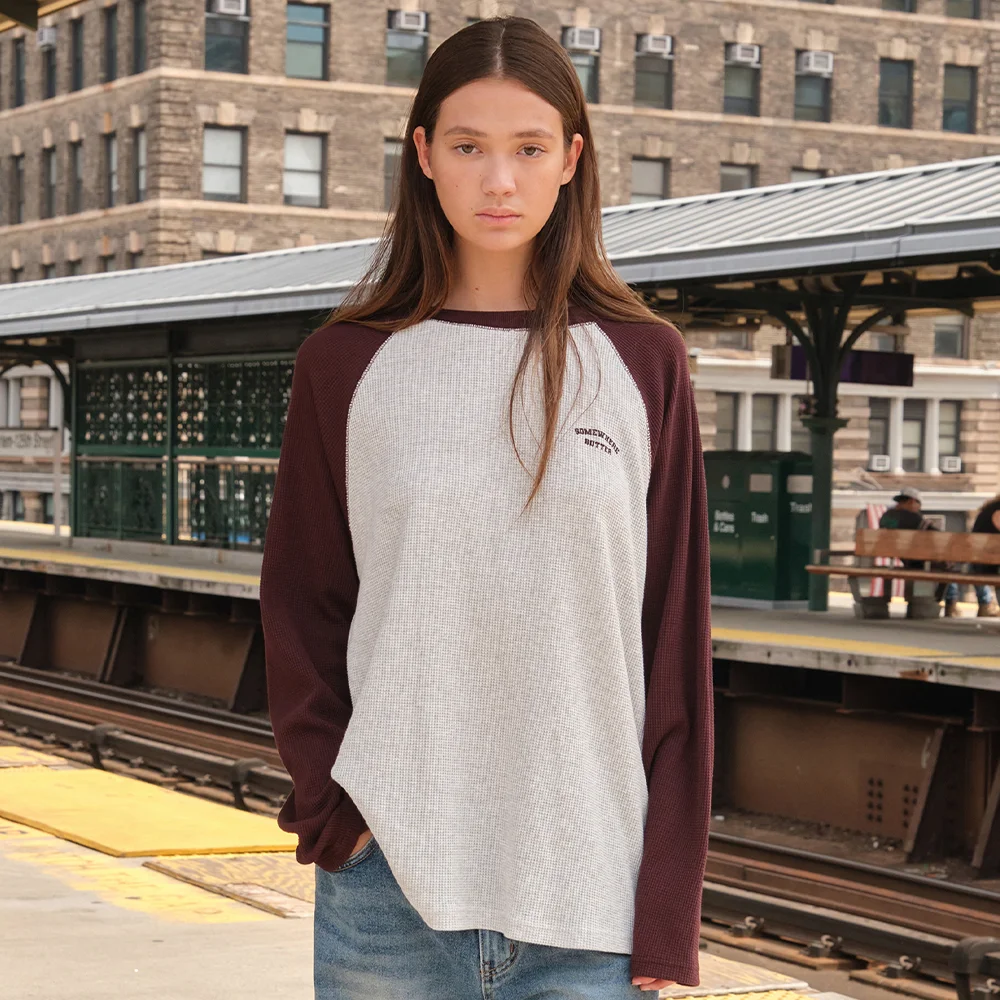 Pecan Waffle Raglan Long Top - White Melange(Wine)