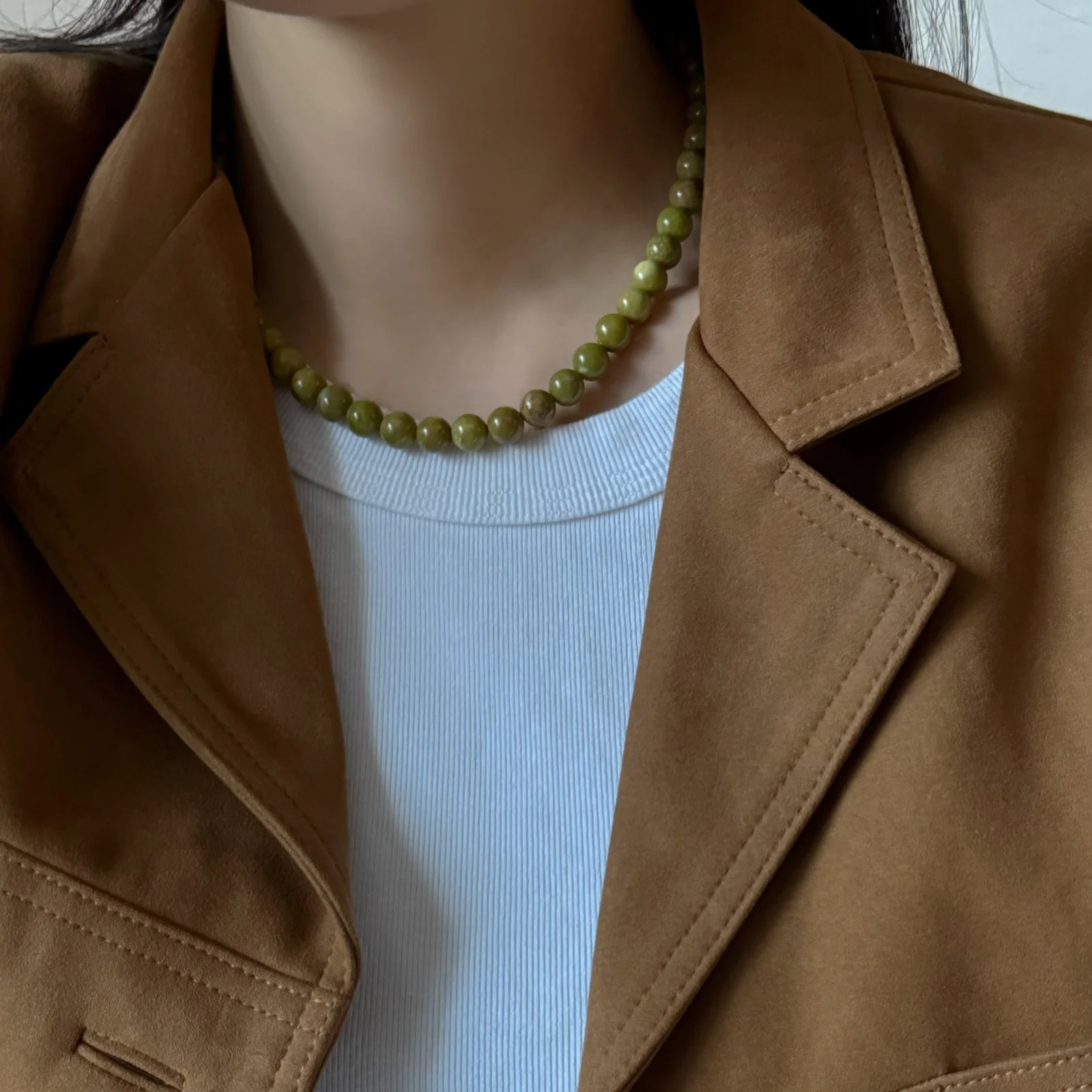 Natural Olive Opal Necklace (8mm)