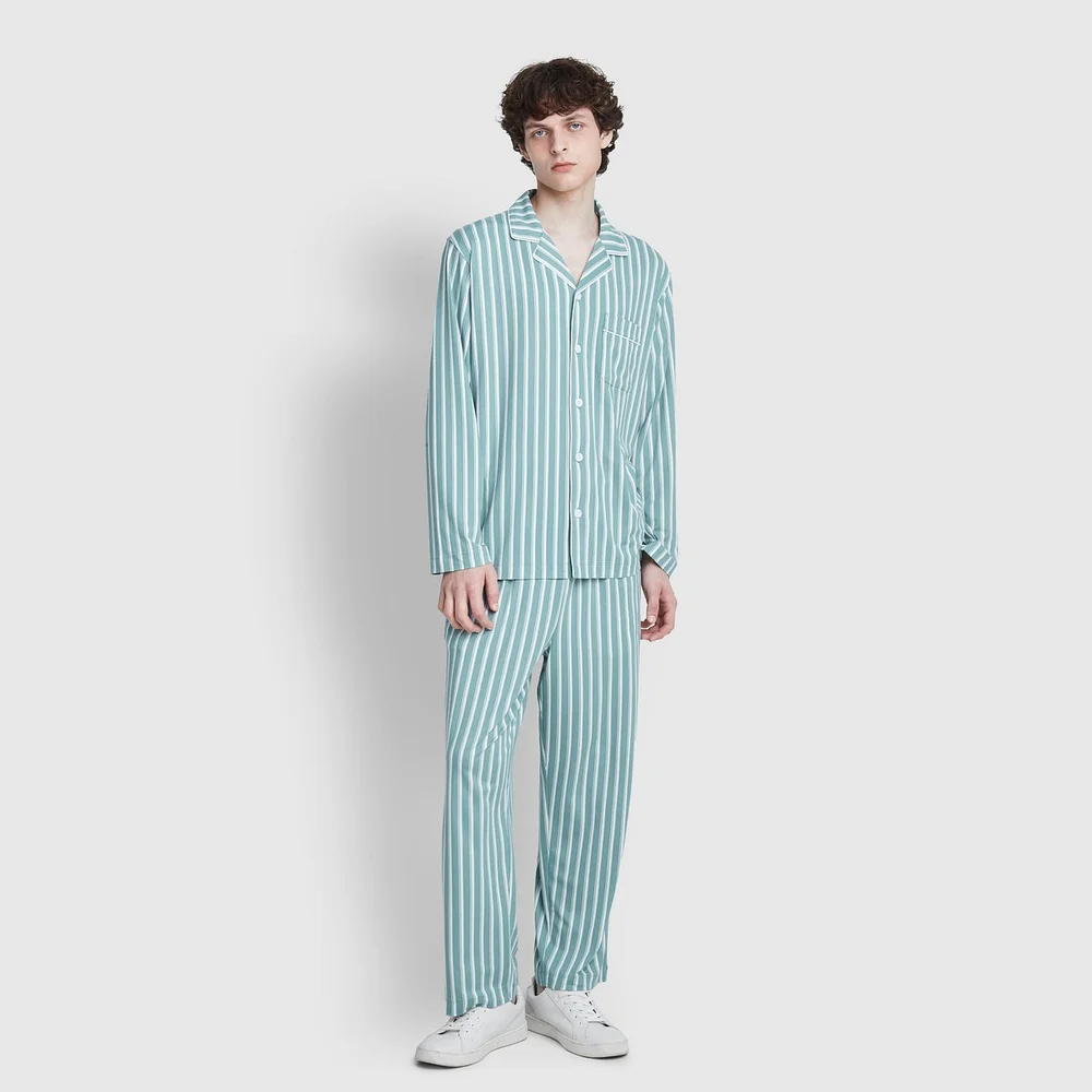 男裝 桃皮絨 10分 睡衣 套裝_淺 藍綠色 綠色