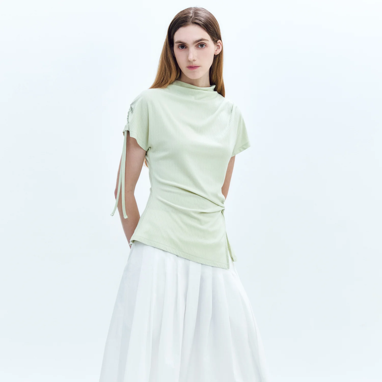 Twisted Waist Tuck Mock-neck Jersey Top GREEN