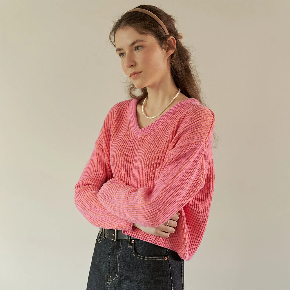 A TWO-TONE KNIT TOP_PINK