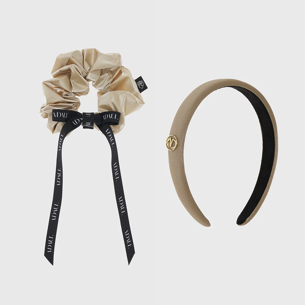 Qia ribbon scrunchy & hairband set - beige