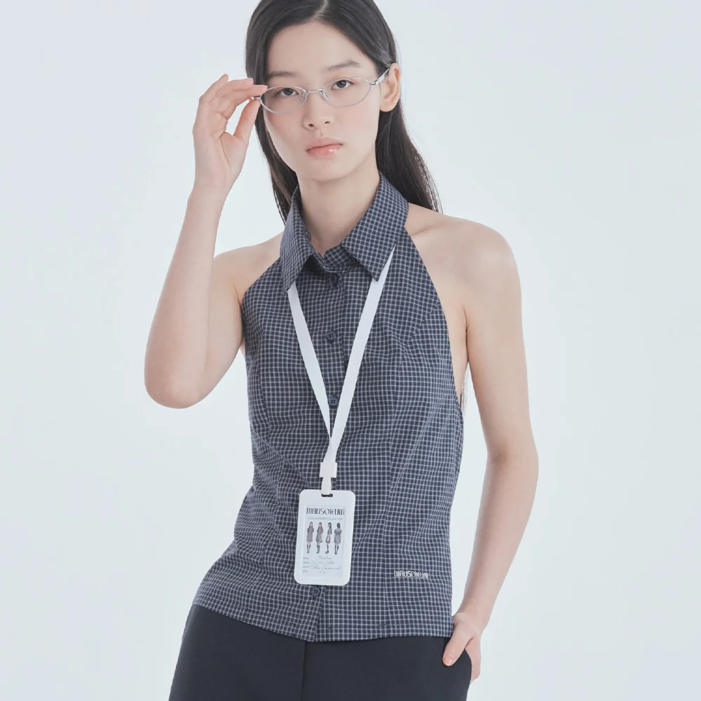 Two-Way Collar Halter Shirt - Navy Check