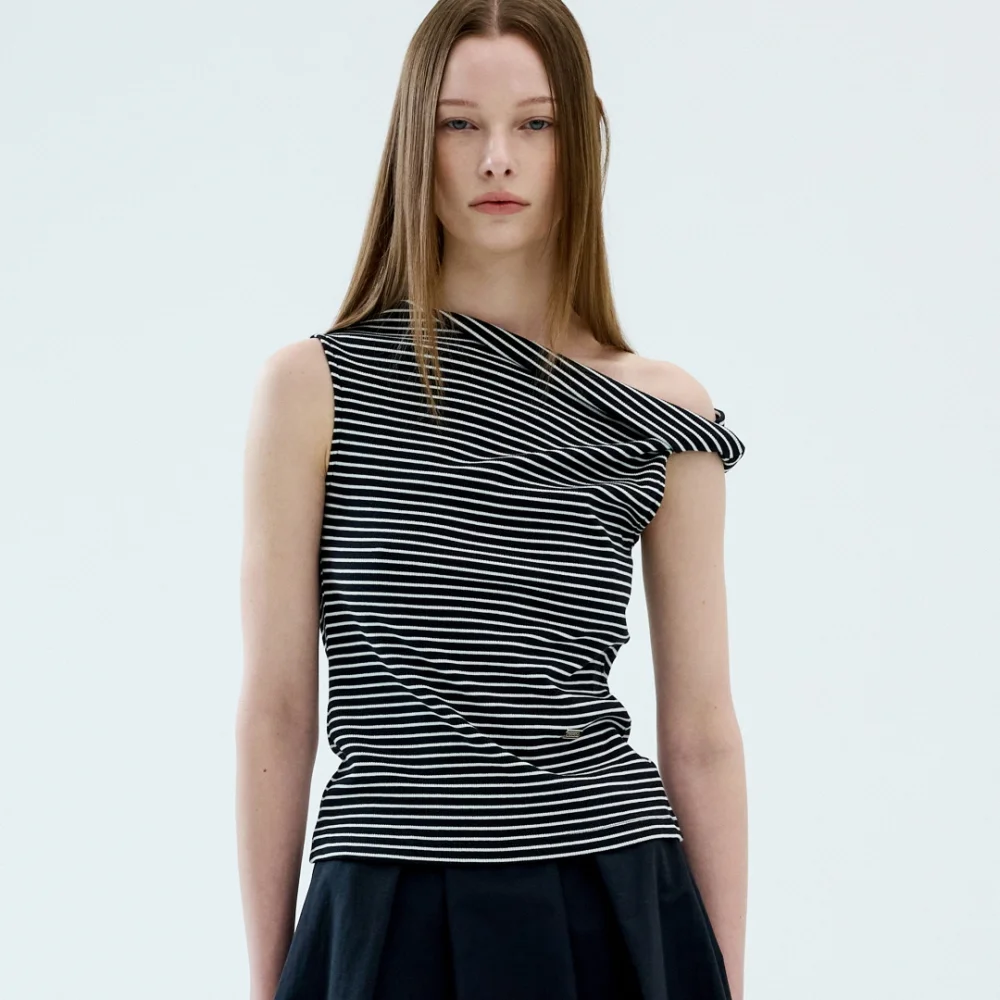 TWIST STRIPE JERSEY TOP_BLACK