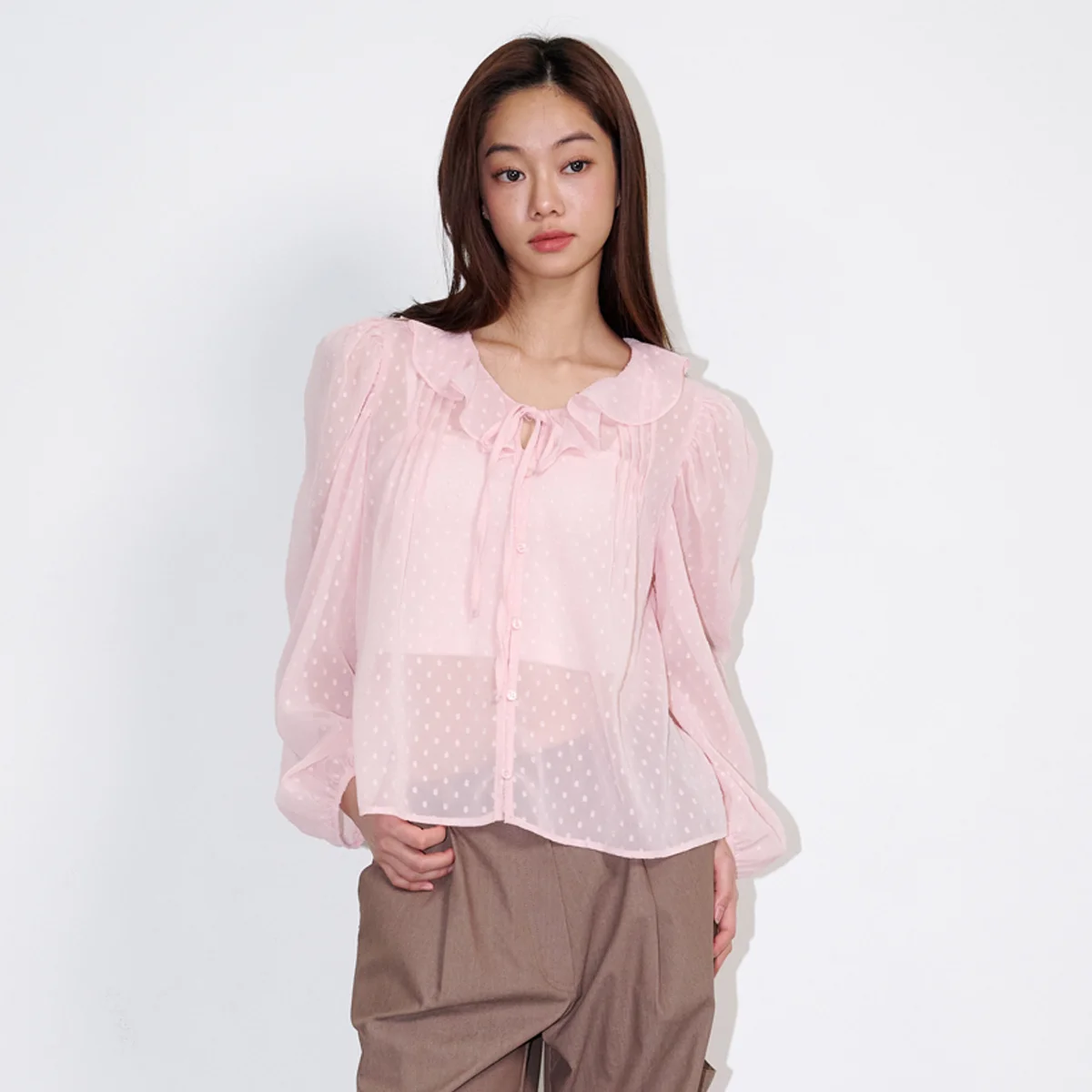 Ruffled See-through Dot Blouse Pink