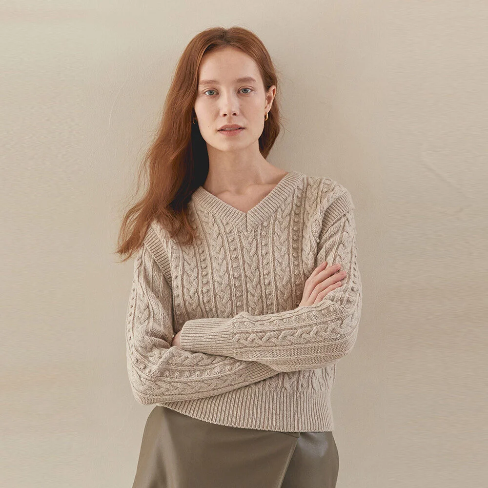 V-NECK CABLE PULLOVER(greige)