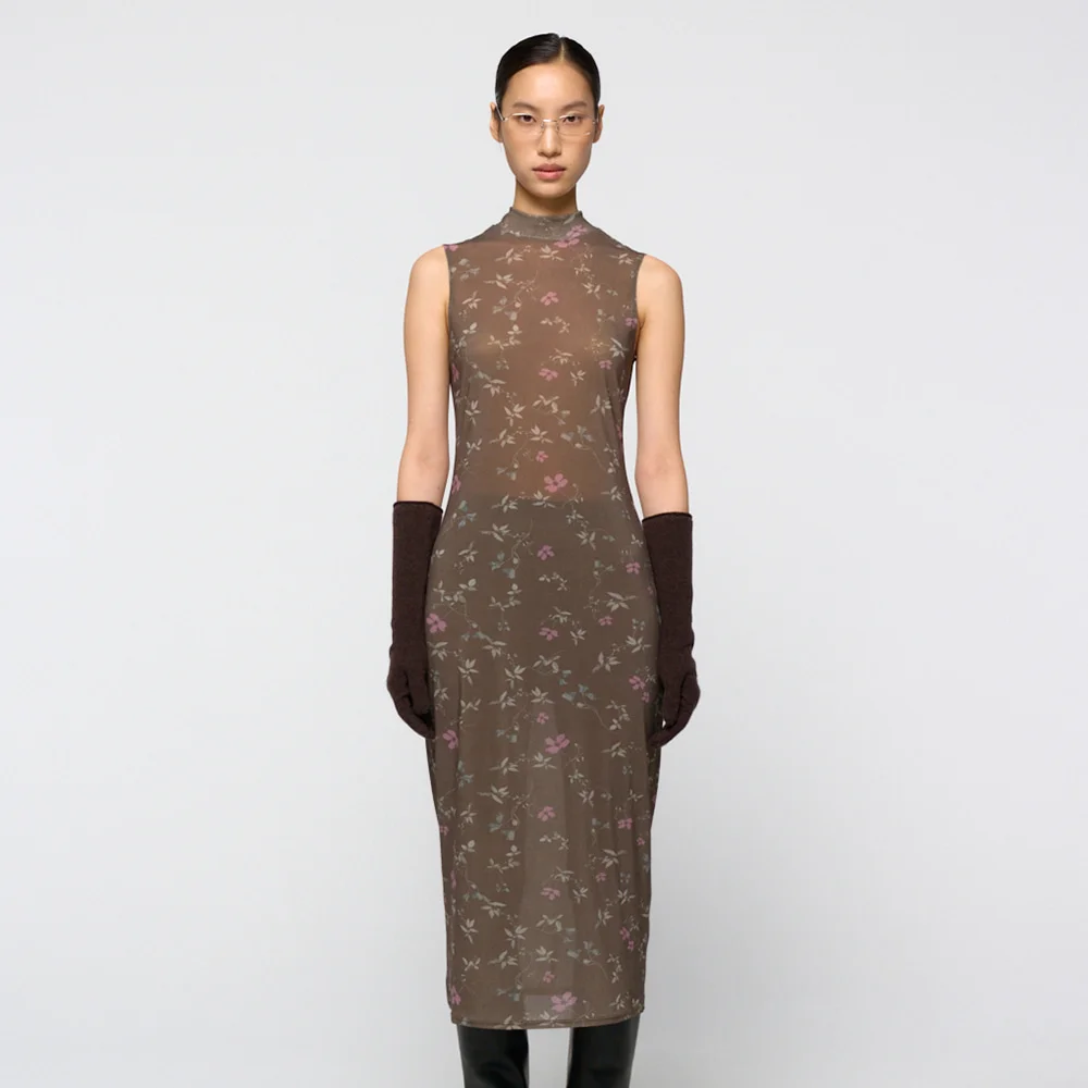 Floral sleeveless dress, Brown