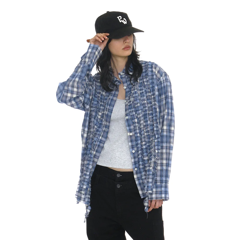 CUT-OFF FRILL TRIM SHIRT_BLUE CHECK